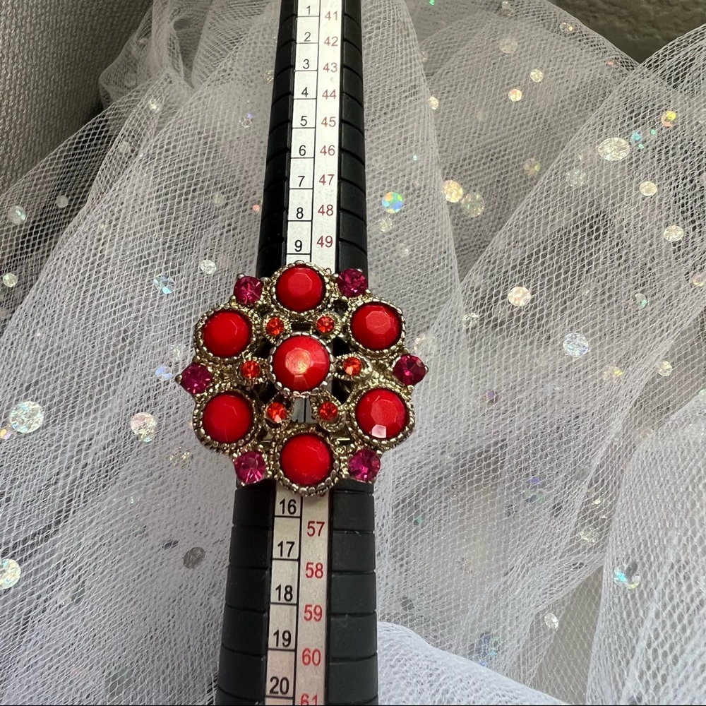Adjustable Flower Red Rhinestone Ring